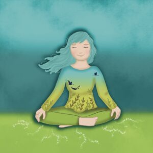 Mantra visuel personnalisé, image d'une femme en position tailleur dans ls tons bleu qui a l'air sereine
